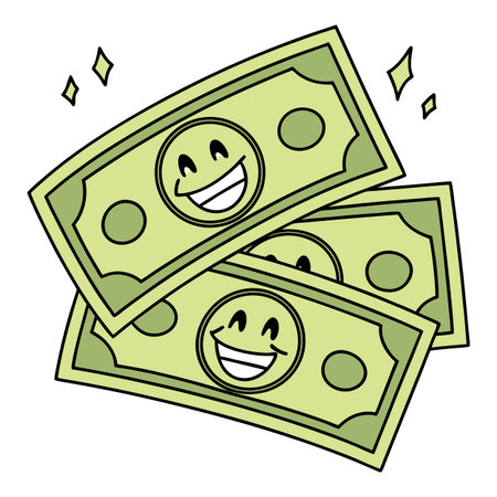 Cheerful cartoon money with smiling faces, perfect for adding a playful touch to your financial content, symbolizing wealth, happiness, and positive growth.のイラスト素材