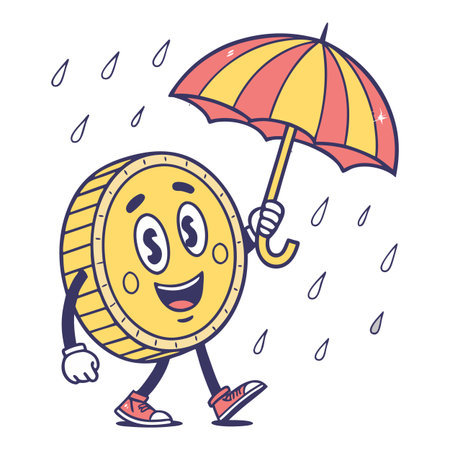 Adorable coin character stays dry under a bright umbrella in the rain. Ideal for illustrating financial security, savings, and cheerful approaches to money management.のイラスト素材