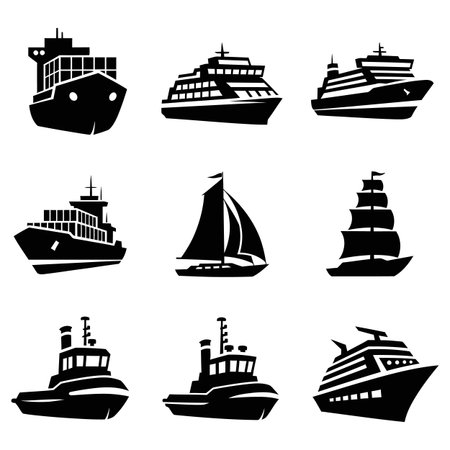 Set of ships icons on white background. Black and white illustration.のイラスト素材