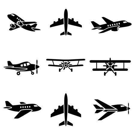Airplane icons set. Simple set of 9 airplane vector icons for web design isolated on white backgroundのイラスト素材