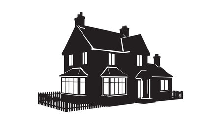 Vector black and white illustration of two-storey house with fence.のイラスト素材