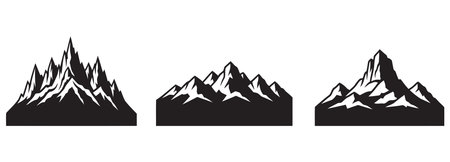 Mountains icons set. Black silhouettes of mountains on white backgroundのイラスト素材