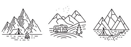 Set of line icons of mountains, camping and travel. Vector illustrationのイラスト素材