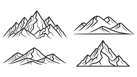 Mountain icon set. Black and white vector illustration. Isolated on white background.のイラスト素材