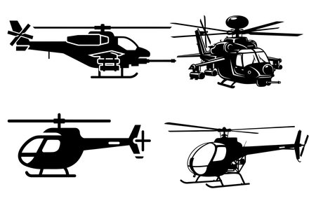 helicopter icons set, black silhouettes isolated on white backgroundのイラスト素材