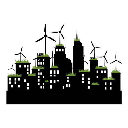 Green Cityscape Concept, Sustainable Urban Development, Eco-Friendly Skyline with Wind Turbinesのイラスト素材