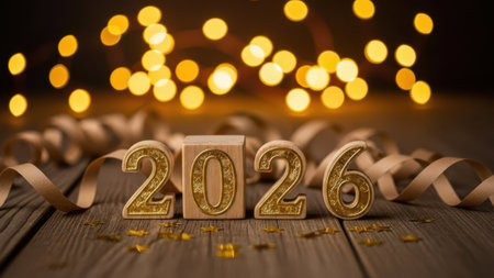 Golden "2026" numbers sparkling on a rustic wooden table with festive bokeh lights and celebratory ribbons, perfect for new year greetings.の素材