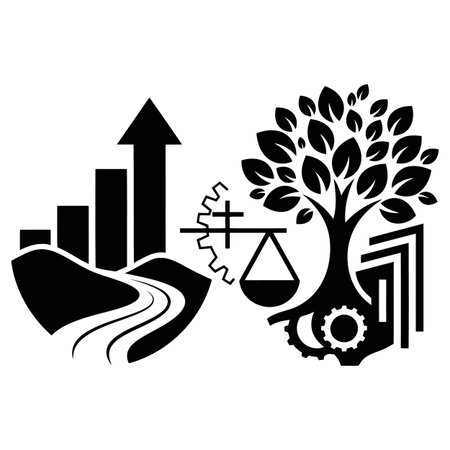 Illustrative vector symbolizing sustainable business growth achieving financial success while balancing environmental responsibility, ethical practices, and technological innovation.のイラスト素材