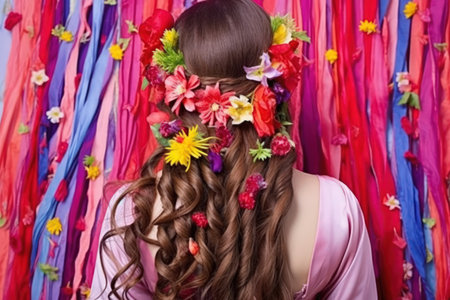 Flowing Hair Adorned with Flowers and Ribbons - Generative AIの素材