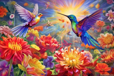 Vibrant hummingbirds amidst blooming flowers - Generative AIの素材