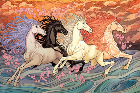 Flowing manes of mythical horses - Generative AIの素材