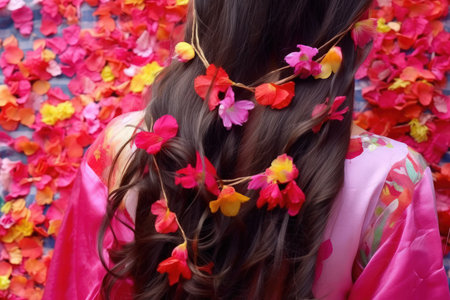 Flowing Hair Adorned with Flowers and Ribbons - Generative AIの素材
