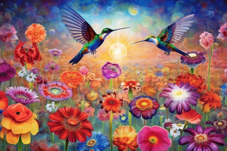 Vibrant hummingbirds amidst blooming flowers - Generative AIの素材