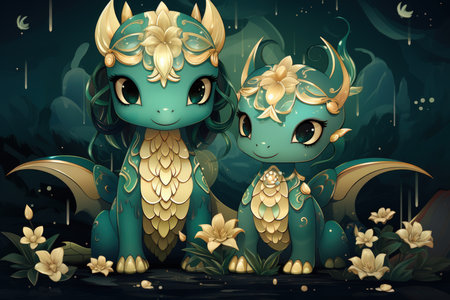 Ancient dragons with scales of emerald and gold - Generative AIの素材