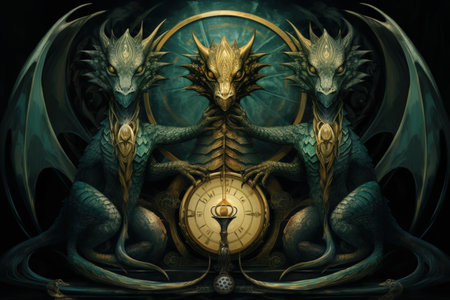 Ancient dragons with scales of emerald and gold - Generative AIの素材
