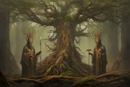 Ancient forest guardians, towering tree ents with deep-rooted wisdom - Generative AIの素材