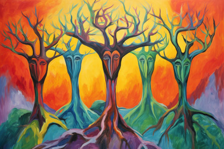 Ancient forest guardians, towering tree ents with deep-rooted wisdom - Generative AIの素材