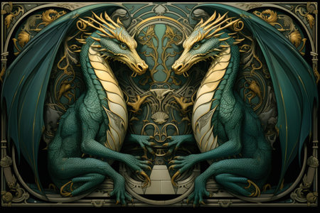 Ancient dragons with scales of emerald and gold - Generative AIの素材