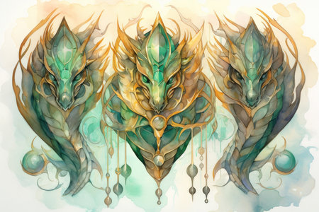 Ancient dragons with scales of emerald and gold - Generative AIの素材