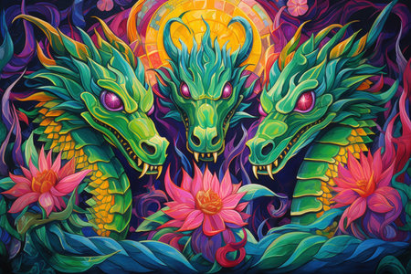 Ancient dragons with scales of emerald and gold - Generative AIの素材
