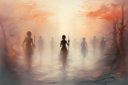 Elusive mist walkers, traversing through dense fog and hidden realms - Generative AIの素材