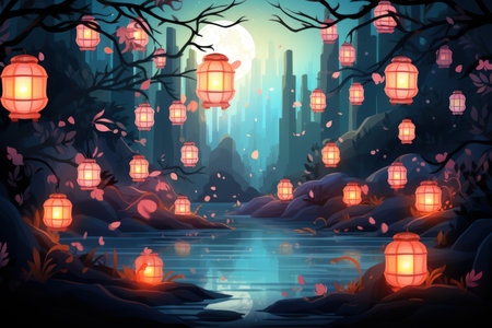 Illuminated spirit lanterns, guiding lost souls to their final resting place - Generative AIの素材