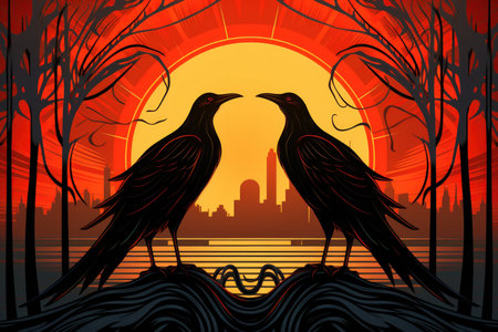 Cursed wereravens, trapped in a cycle of human and raven forms - Generative AIの素材