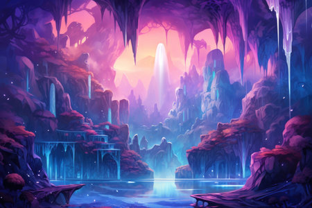 Harmonious waterfalls of glowing crystals, cascading with soothing melodies - Generative AIの素材