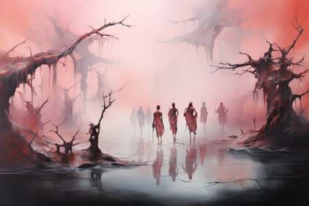 Elusive mist walkers, traversing through dense fog and hidden realms - Generative AIの素材