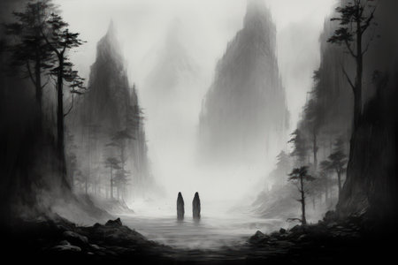 Gargantuan giants roaming the mountains - Generative AIの素材