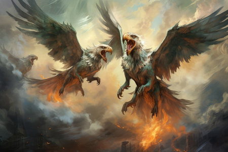 Ferocious thunder hawks, ruling the skies with lightning and thunder as their domain - Generative AIの素材