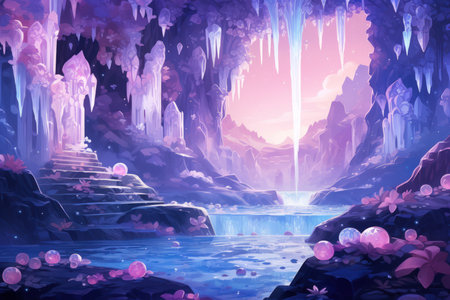 Harmonious waterfalls of glowing crystals, cascading with soothing melodies - Generative AIの素材