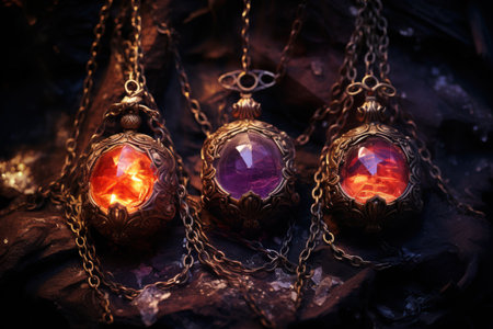 Cursed amulets of forgotten sorcery, imbued with ancient spells and curses - Generative AIの素材
