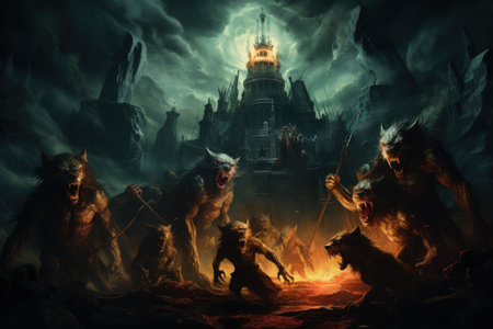 Fierce werewolves transforming under the light of the full moon - Generative AIの素材