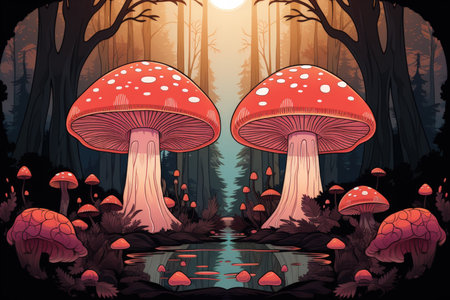 Giant talking mushrooms offering cryptic advice in dense forest groves - Generative AIの素材
