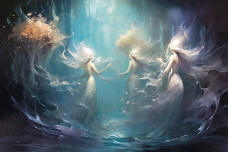 Elusive water elementals, appearing as shimmering aquatic beings - Generative AIの素材