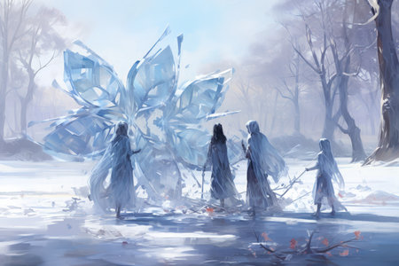 Graceful frost faeries, creating intricate ice sculptures in frozen landscapes - Generative AIの素材