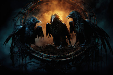 Cursed wereravens, trapped in a cycle of human and raven forms - Generative AIの素材