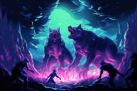 Fierce werewolves transforming under the light of the full moon - Generative AIの素材