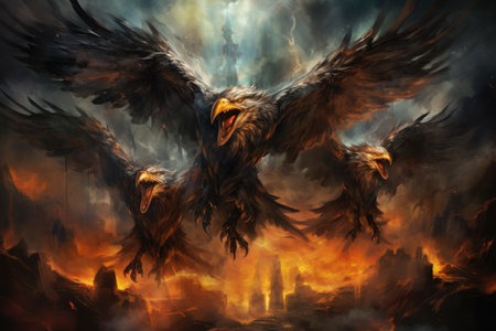 Ferocious thunder hawks, ruling the skies with lightning and thunder as their domain - Generative AIの素材