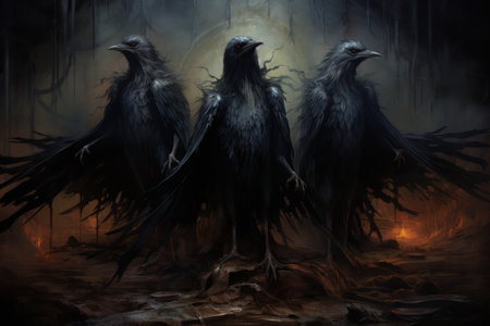 Cursed wereravens, trapped in a cycle of human and raven forms - Generative AIの素材