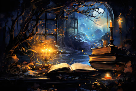 Enchanted storytelling books, bringing tales to life with their enchanted pages - Generative AIの素材