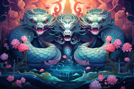 Ancient sea serpents, guardians of hidden treasures beneath the ocean depths - Generative AIの素材