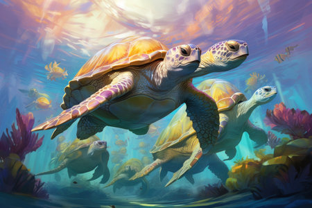 Ancient sea turtles, carrying entire ecosystems on their colossal shells - Generative AIの素材
