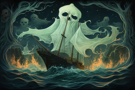 Cursed ghost ships, forever sailing the seas with ghostly crews seeking redemption - Generative AIの素材