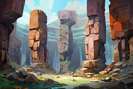 Ancient stone colossi, towering giants carved from living rock - Generative AIの素材