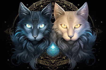 Bewitching moonstone cats, their eyes shimmering with lunar light and mystery - Generative AIの素材