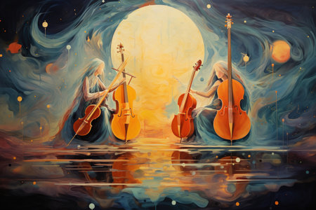 Celestial harpists, playing melodies that resonate through the heavens - Generative AIの素材