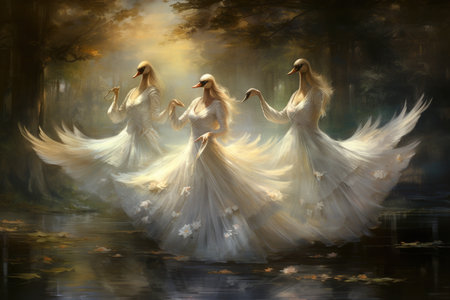 Elegant swan maidens enchanting with their graceful dance - Generative AIの素材