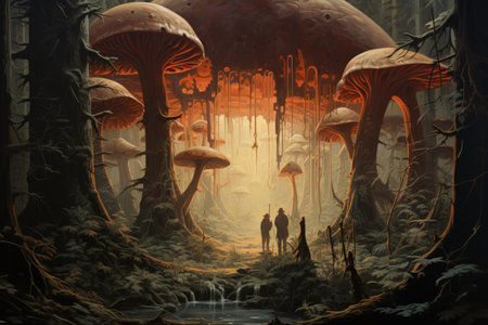 Giant talking mushrooms offering cryptic advice in dense forest groves - Generative AIの素材